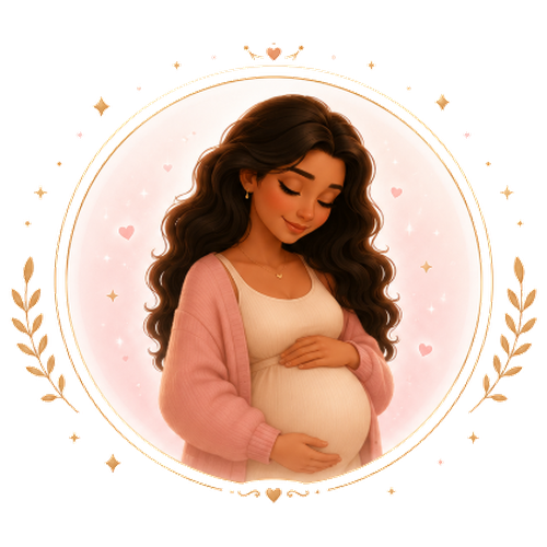 Gestante segurando a barriga, emoldurada em dourado